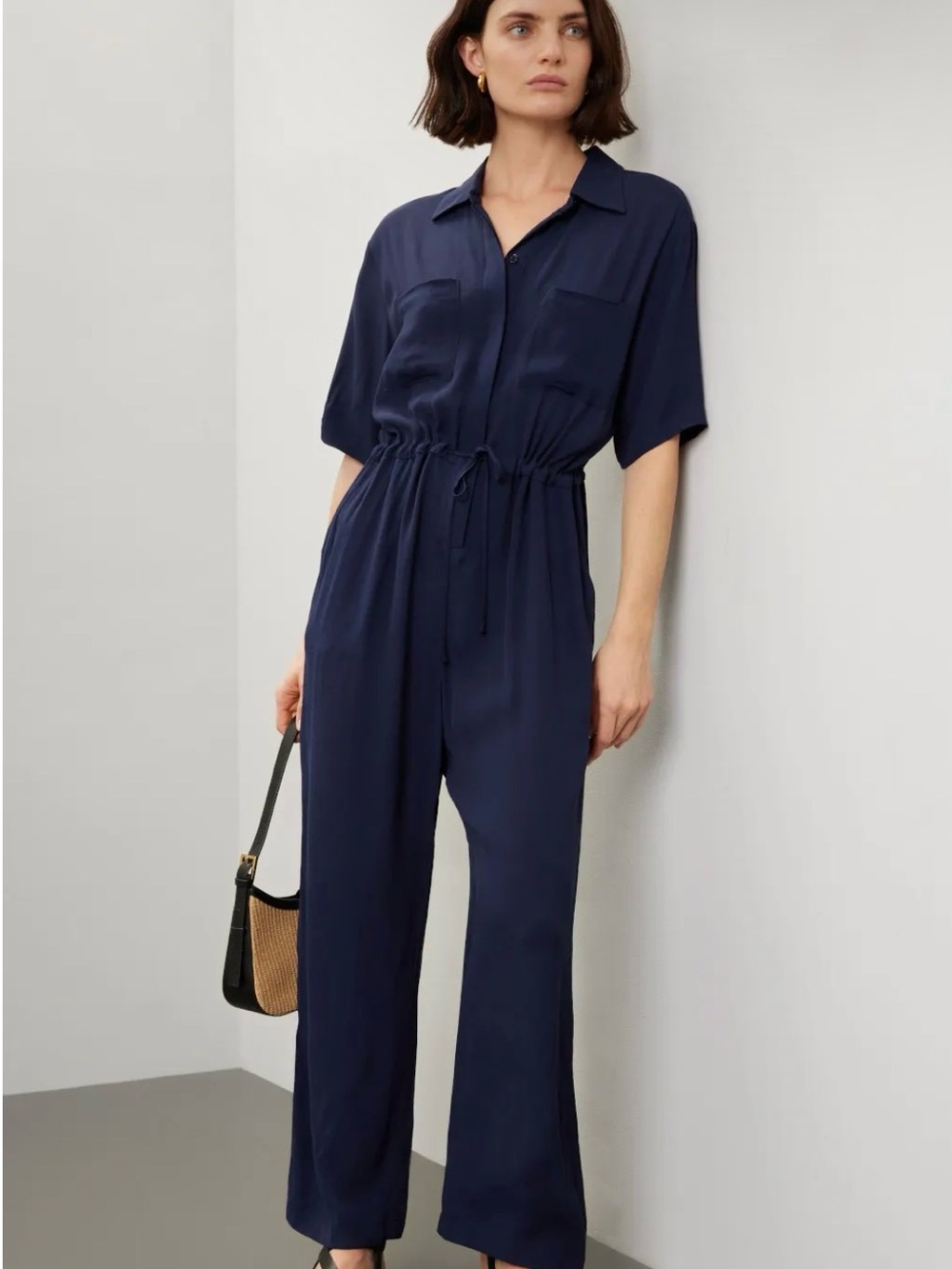 Thakoon Navy Drawstring Waist Jumpsuit Short Sleeve Wide Leg ( bin L)